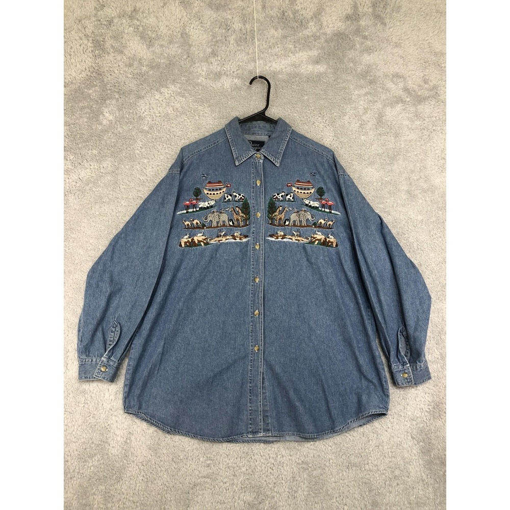 VTG Quizz Again Shirt Womens Size XL Noah's Ark Denim Embroidered *Flaw